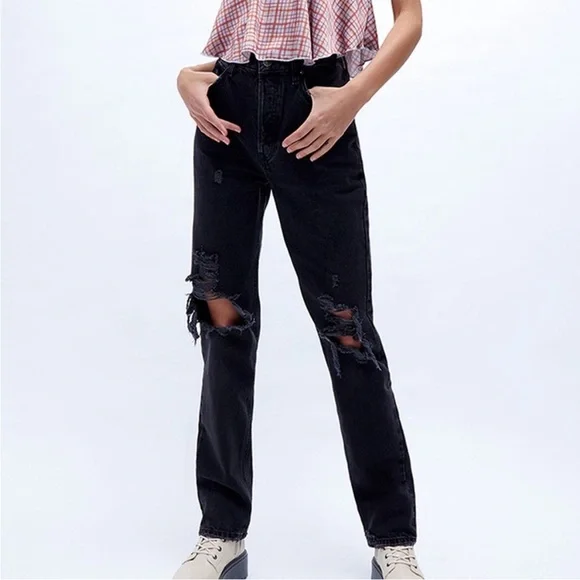 We The Free 24 Jeans Lasso distressed in washed black high rise Free People NWT - Picture 2 of 13